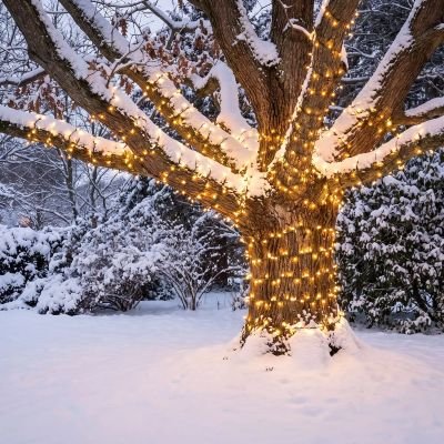 Guirlande exterieur noel blanc chaud installee dans chene hiver