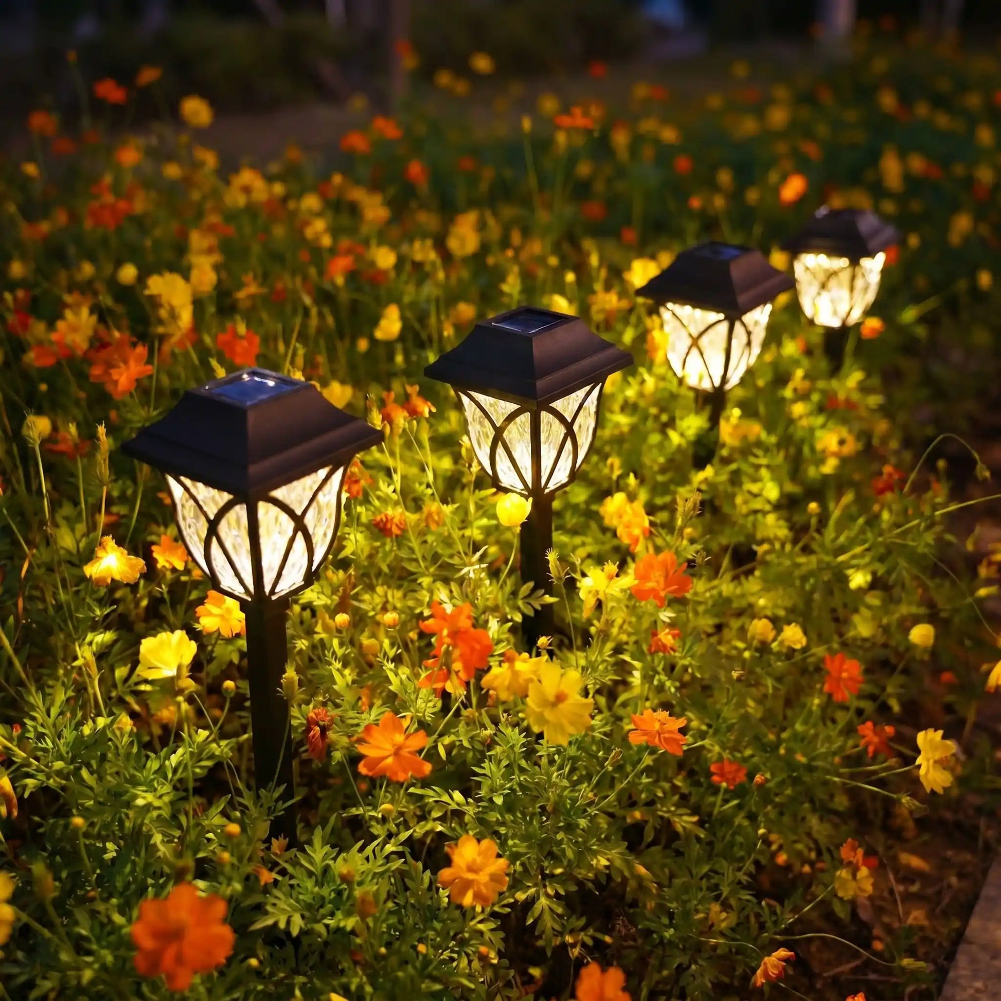 eclairage exterieur soir parmi fleurs
