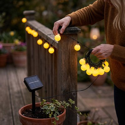 Guirlande lumineuse boule accrochee par femme sur rampe