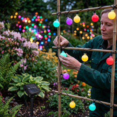 Guirlande lumineuse boule accrochee par femme sur echelle