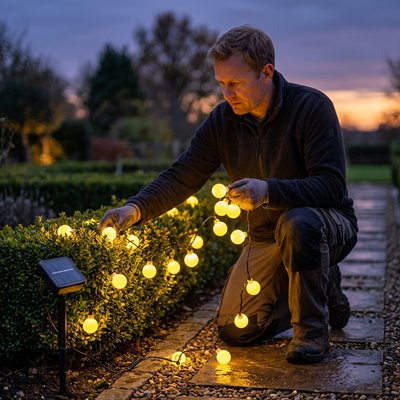 Guirlande lumineuse boule accrochee par homme sur haie basse 