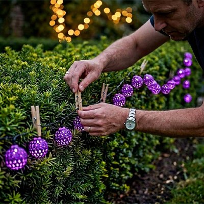 Guirlande lumineuse boule violette installee dans buisson