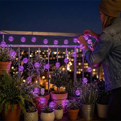 Guirlande lumineuse boule violette installee par femme sur rampe
