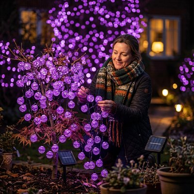 Guirlande lumineuse boule violette installee par femme dans arbuste