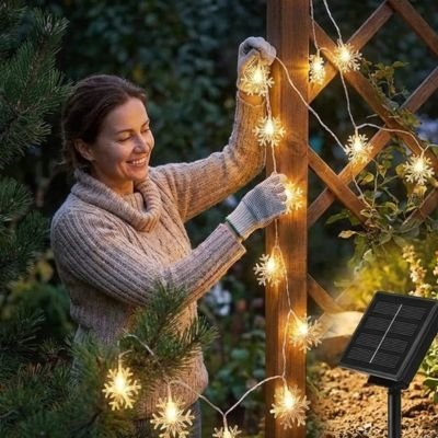 guirlande lumineuse extérieur installee par femme sur treillis