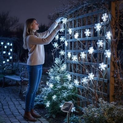guirlande lumineuse extérieur installee sur treillis par femme
