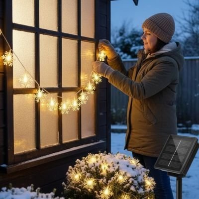 guirlande lumineuse extérieur installee par femme fenetre exterieur
