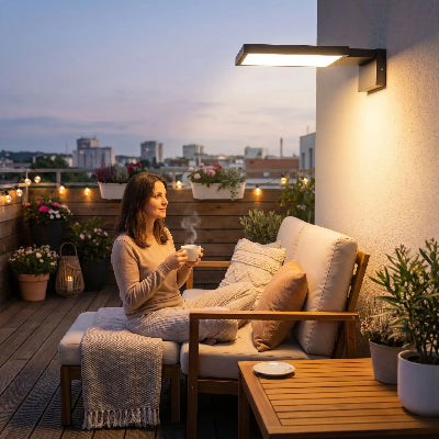 lampadaire 100W femme prend cafe sur terrasse