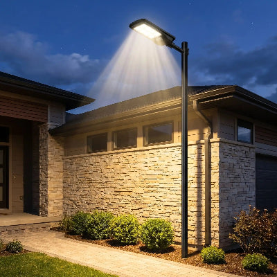 lampadaire 8000w sur poteau eclairant facade maison