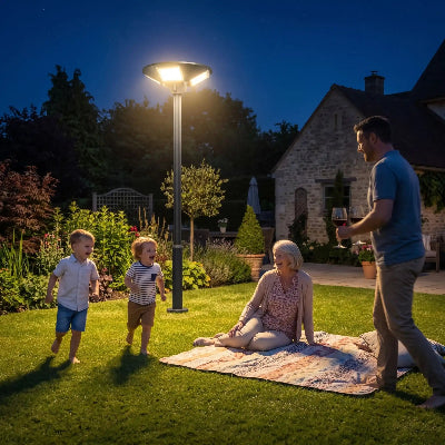 lampadaire design enfant femme assise par terre regardant enfants courir
