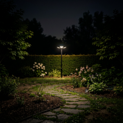 lampadaire design jardin cour arriere nuit