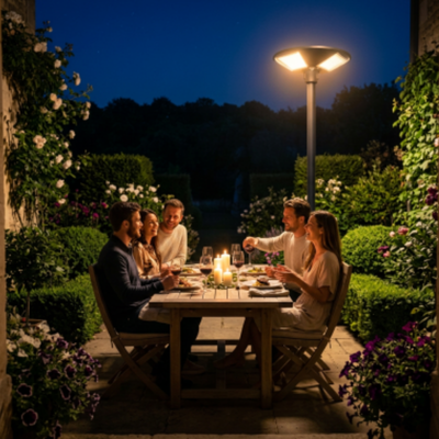 lampadaire design jardin repas entre amis soir