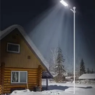 lampadaire exterieur eclairant maison bois rond hiver