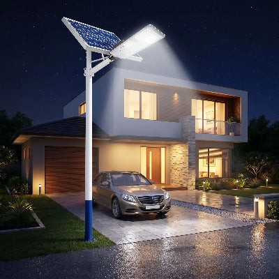 lampadaire exterieur solaire eclairant stationnement devant maison