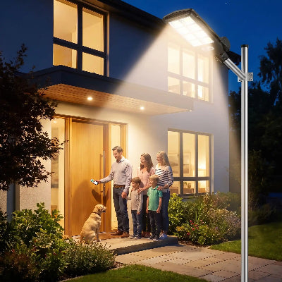 lampadaire exterieur solaire famille retour maison nuit