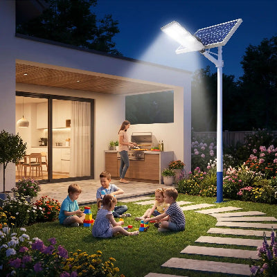 lampadaire exterieur solaire maman prepare repas enfants assis gazon