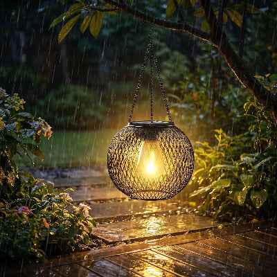 lanterne exterieures Amina eclairant jardin sous pluie