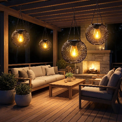 lanterne exterieures Amina eclairant terrasse avec foyer