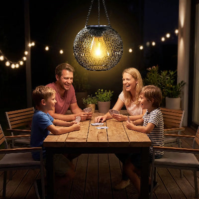 lanterne exterieures Amina famille jouant cartes terrasse