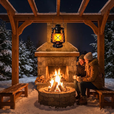 lanterne solaire exterieur fanal eclairant couple pres foyer hiver